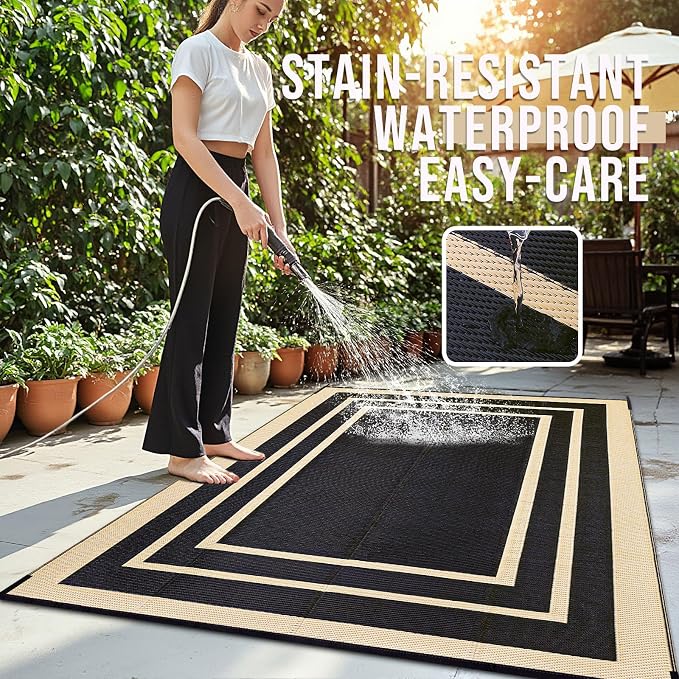 OLANLY Outdoor Rug 9x12 ft Waterproof, Reversible Outdoor Plastic Straw Rug, RV Mat, Indoor Outdoor Carpet Clearance for Patio, Camping, Balcony, Deck, Backyard, Black & Beige