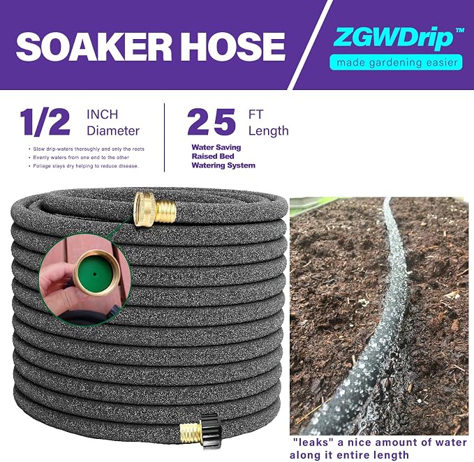 25FT 1/2" Water-Saving Soaker Hose with Solid Brass Connectors, Drip Irrigation Kit for Lawn & Yard