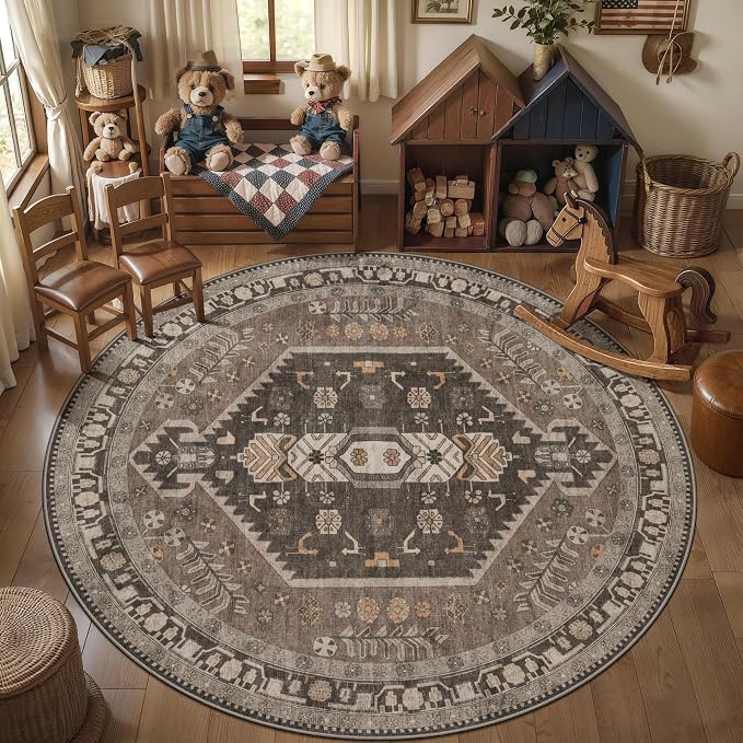Ciicool 6ft Round Area Rug for Bedroom,Washable Large Circle for Kitchen | Vintage Non-Slip Low-Pile Oriental Hazel Indoor Mat Soft Boho Entry Carpet for Bedside Living Room Bathroom Dining Room