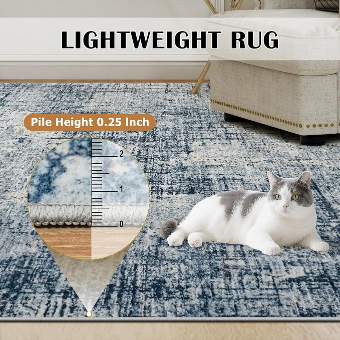 9x12 Washable Area Rug for Living Room Bedroom: Non-Slip Modern Blue Gold | Machine Washable TPR Backing, Stain-Resistant Low Pile, Pet & Kid Friendly, Abstract Decor for Dining Room, Dorm, Home Office