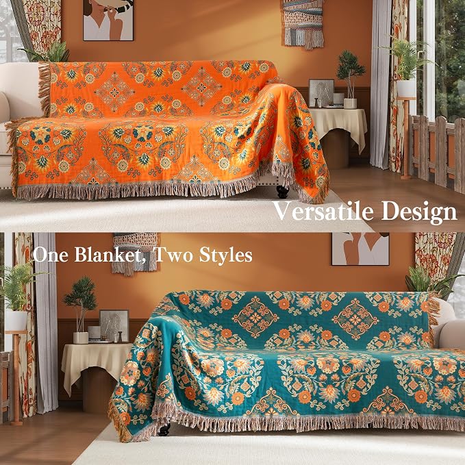Phuryllic Boho Throw Blanket Full Size, Extra Large Soft Cozy Cotton Muslin Quilt Blanket for Bed Decor, Floral Patterned Couch Sofa Chair Cover, Vintage Farmhouse Cottage Woven Blanket, Orange&Green