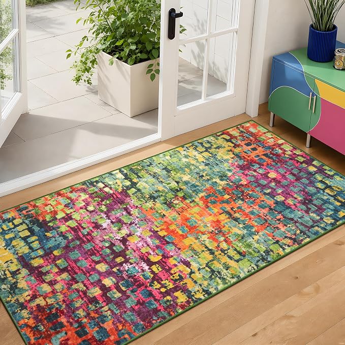 Tangsoo Abstract 2x4 Washable Rug for Entryway, Colorful Small Area Rug | Modern Non Slip Indoor Front Door 2x4 Runner Rugs Mat,Print Soft Low Pile Rugs for Entrance Kitchen Entry Bathroom Home Decor