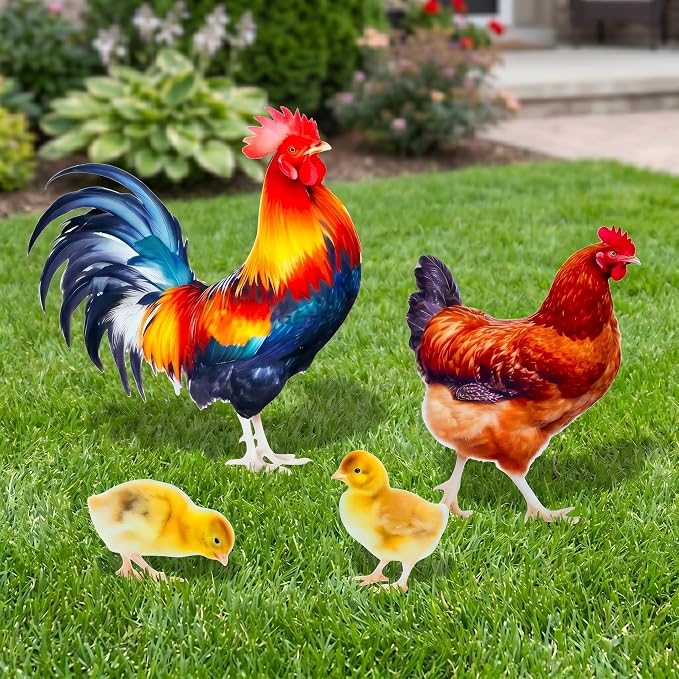 Chicken Family Metal Yard Stakes Set of 4, Double-Sided Metal Garden Stake Decor with Rooster Hen and 2 Chicks, Outdoor Chicken Yard Art for Garden Patio Farmhouse, Unique Gifts for Mom Grandma