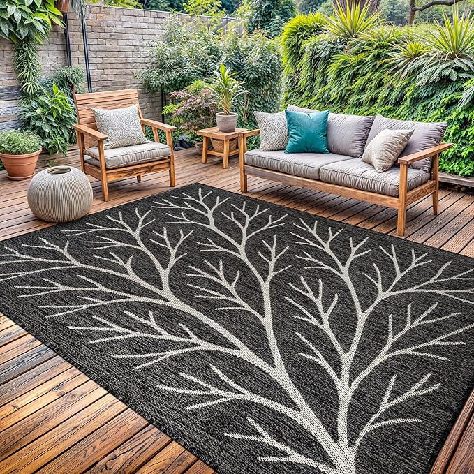 Washable Indoor Outdoor Rug 8x10 Modern Area Rugs Branch Pattern Non Shedding Waterproof Easy Clean Patio Deck Porch Living Room Bedroom Garden RV (8 X 10 Dark Gray)