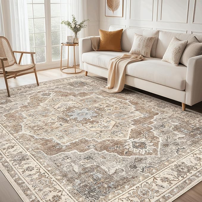 Washable Area Rug-8X10 Vintage Neutral Soft Beige Brown | Non Slip Thin Foldable Large Floor Carpet for Living Room Bedroom Kitchen Dining Room Home Office Farmhouse Indoor