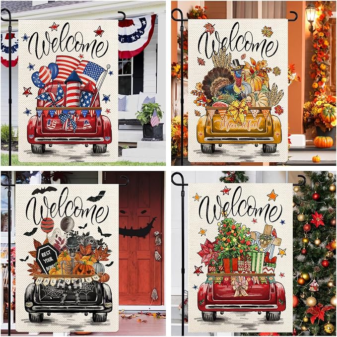 Rustic Truck Garden Flags for Outside Set of 12, Car Welcome Seasonal Garden Flags 12x18 Double Sided for All Seasons and Holidays, Winter Spring Outside Decorations for Yard