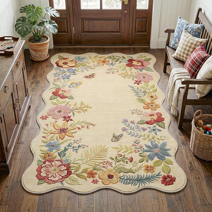 FMFUNCTEX 3x5 Washable Beige Floral Vintage Scalloped Area Rug for Entryway | Flower Colorful Traditional Boho Non Slip Low Pile Pattern Indoor Carpet Entrance Soft Rug Living Room Bedroom Kitchen Office