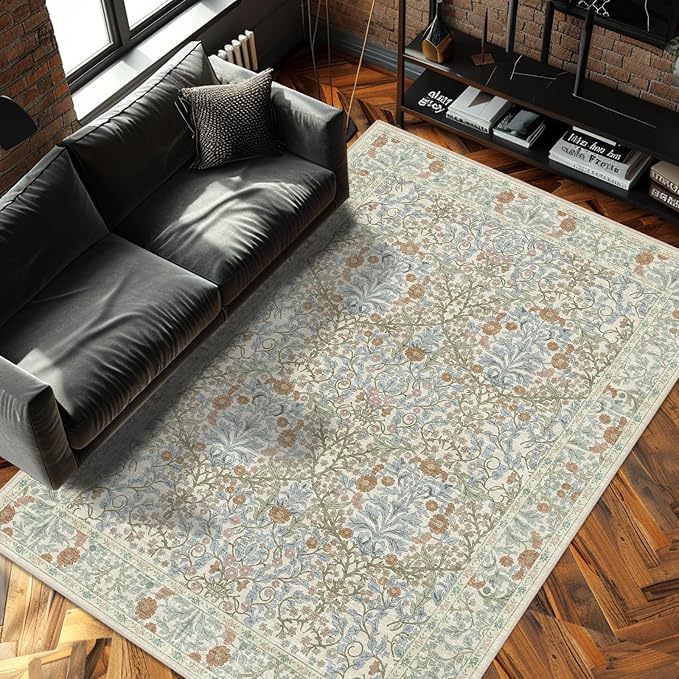 Vintage Beige Blue Living Room Rug, 5x7 Washable Area Rugs for Dining Room Under Table, Soft Low Pile Large Carpet Bedroom, Non-Slip Boho Floral (5 x 7 Beige Blue)