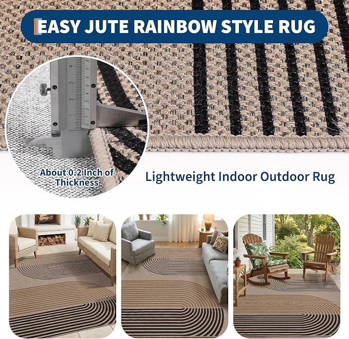 GarveeHome Modern Rainbow Easy Jute 4x6 Area Rug, Indoor/Outdoor Reversible Low Pile Non-Slip & Washable Carpet for Living Room, Bedroom, Kitchen, Sunroom