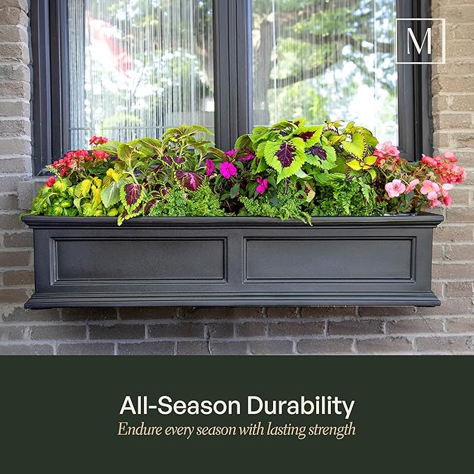 Mayne Fairfield 2ft Window Box, Self Watering Flower Box with Double Wall Design, All Season Fade Resistant Outdoor Window Planter with Steel Mounting Bracket, Black
