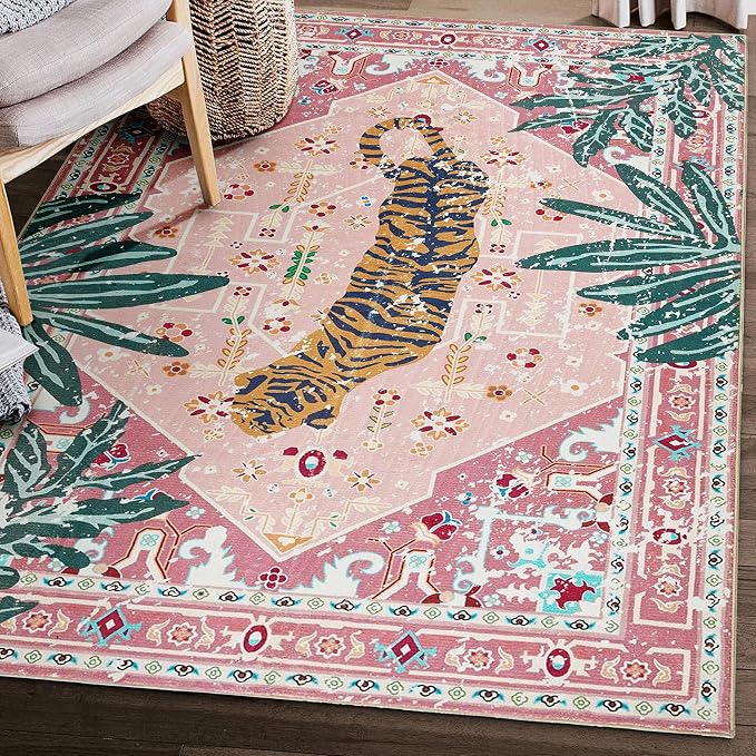 Washable Pink Rugs Boho Vintage Tropical Jungle 6x9 Area Rugs Jungle Oriental Carpet for Bedroom Kitchen Dining Living Room Office Distressed Indoor Cute Nursery Rug