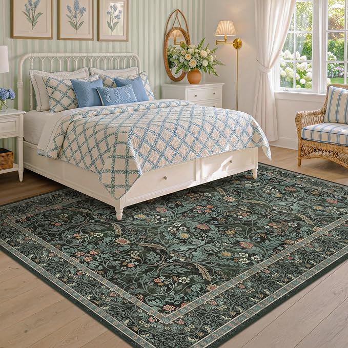 Dark Green 5x8 Dining Room Rug, Floral Washable Soft Non Slip Area Rugs for Living Room Bedroom Home Office Classroom, Vintage Indoor Décor, Botanical Pattern (Olive Green)
