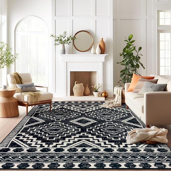 Rugshop Southwestern Geometric Tribal Boho Area Rug Soft Black 7' 10" x 10' | Rectangular, Size 7' 10" x 10', Living Room, Bedroom, Dining Room, Home Office, Kitchen, Entryway, Hallway, Nursery, Bedside