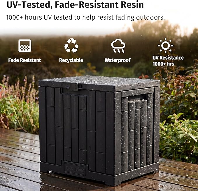 EAST OAK 31 Gallon Outdoor Storage Box, Waterproof Deck UV-Resistant Resin Bin for Patio Cushions, Garden Tools, Accessories & Package, Lockable Wind-Resistant Lid, Steel-Reinforced, Black