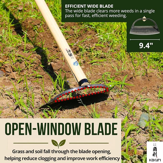 KAKURI Japanese Garden Hoe Long Handle 53" for Weeding - Heavy Duty Wide Draw Hoe Weeder Tool - Sharp Japanese Steel Blade & Wooden Handle - Made in Japan