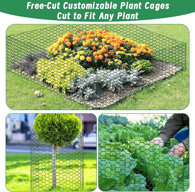 Plant Protectors from Animals, 16.4 x 16In Green PVC Coated Galvanized Chicken Wire Mesh Roll, 0.8mm Free-Cut Plant Cage with Ties, Stakes, Gloves, Pliers & Floral Wire (33Ft*20In)