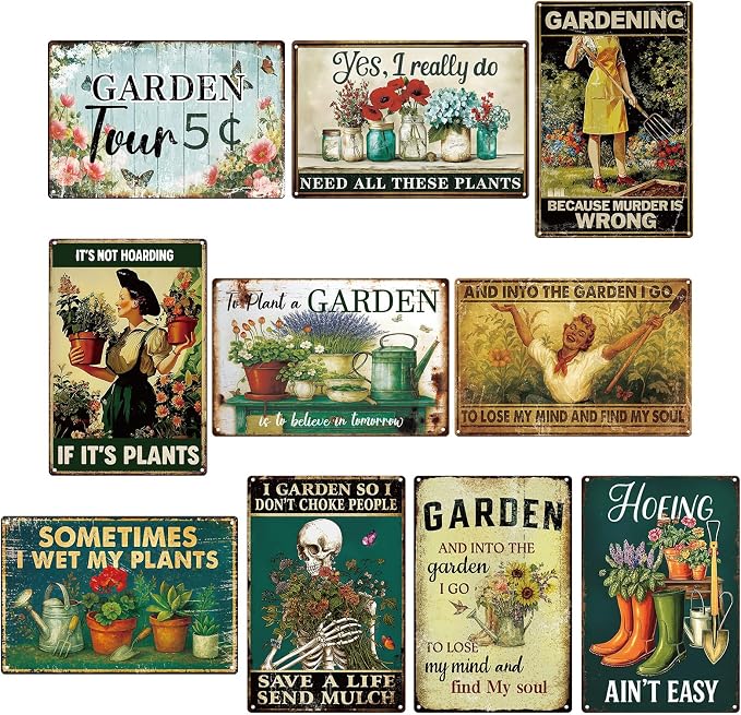 10 Pcs Vintage Funny Garden Metal Sign 12 x 8 Inch Rustic Garden Sign Retro Flowers Plant Greenhouse Wall Decor for Women Outdoor Indoor Home Patio Country Plant Lovers