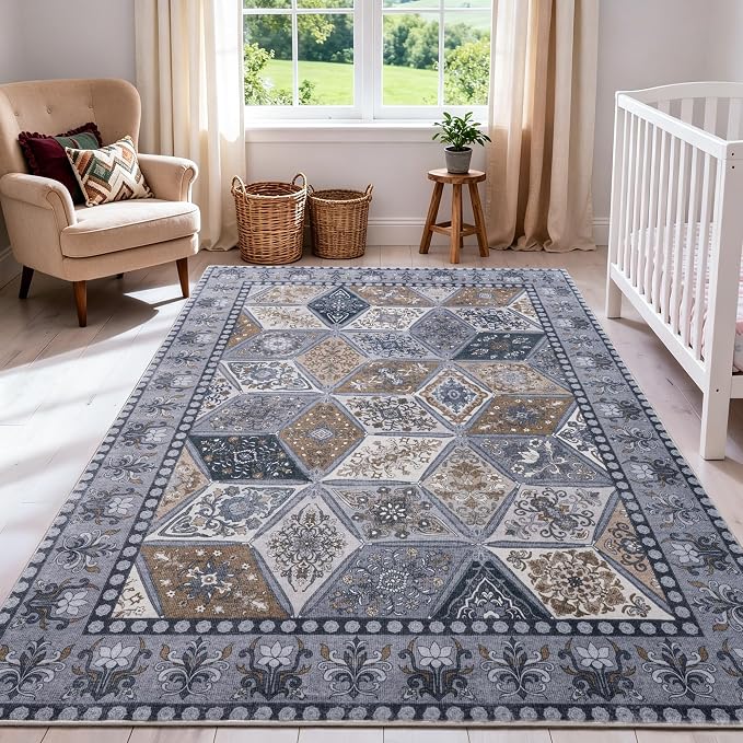 Moroccan Boho Floral Geometric Patchwork Washable 5x8 Large Area Rug | Vintage Distressed Non Slip Throw Carpet for Bedroom Livingroom Kitchen Hallway Entryway Office Dining Room Docer, Dark Grey