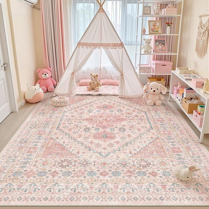 Pink Rugs for Bedroom-8x10 Area Rugs for Living Room,Girls Room | Washable Rugs for Nursery,Dining Room,Office,Low Pile,Soft, Vintage Rug,Stain Resistant Indoor Carpet,Non Slip,Home Decor