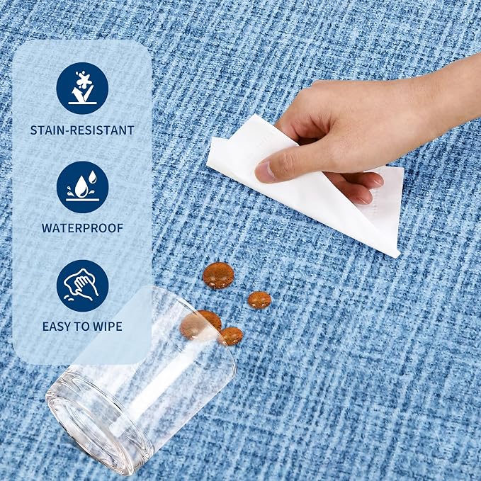 GarveeHome Scalloped Blue 6ft Round Rug Washable Non-Slip Soft Ultra-Thin Small Modern Cottage Core Solid Tan Circle Carpet for Kitchen Bedroom Nursery Dining Room