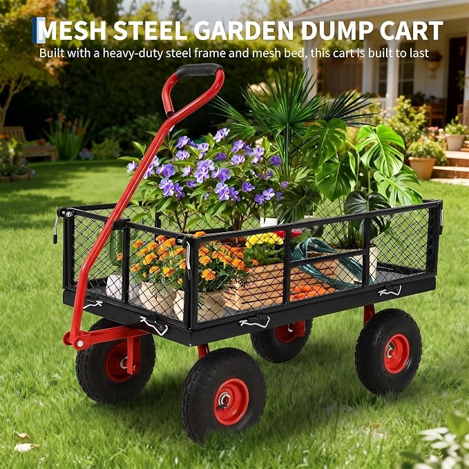 Garvee 900 LB Garden Cart, Heavy Duty Metal Utility Garden Wagon Cart. Red | 13 in All Terrain Tires, 4-in-1 Yard Wagon Cart with Removable Side Panels for Outdoor Lawn, Yard, Backyard