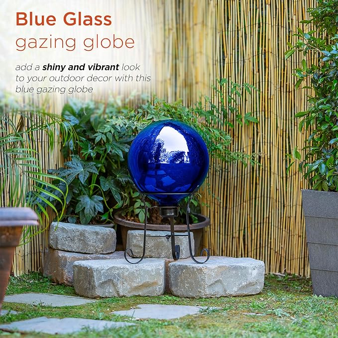 Alpine 10" Blue Outdoor Glass Gazing Globe with Achla Designs 13 1/2" Black Iron Stand for Gardens
