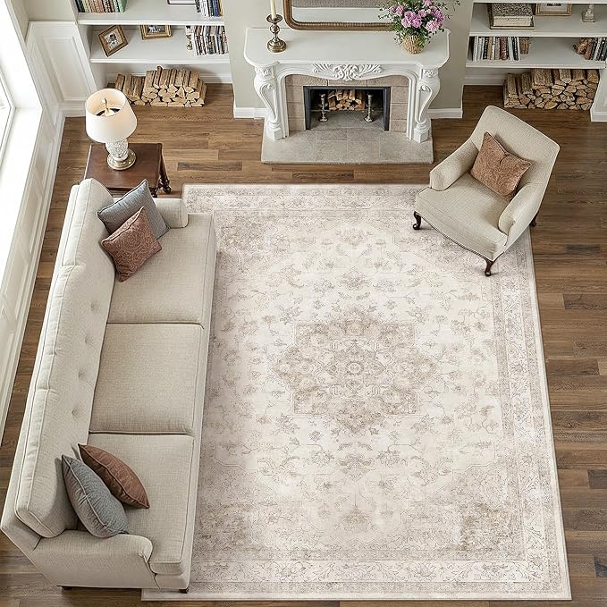 Beige 10x14 Washable Area Rug Vintage Oriental Medallion Carpet | Soft Low Pile, Non Slip, Stain Resistant, Large, Neutral Retro Decor for Living Room, Bedroom, Dining Room, Kids Room
