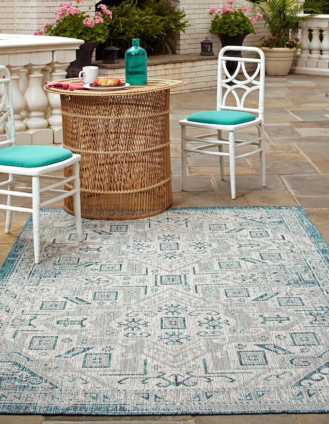 Unique Loom Outdoor Aztec Collection Area Rug - Coba (4' 1" x 6' 1" Rectangle, Teal/ Ivory)