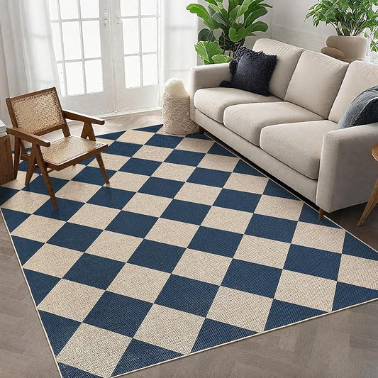 GarveeHome Checkered Easy Jute 5x7 Area Rugs for Living Room Machine Washable Non-Slip Backing Stain Resistant Modern Indoor Outdoor Rugs for Farmhouse Dining Room Patio Navy Blue