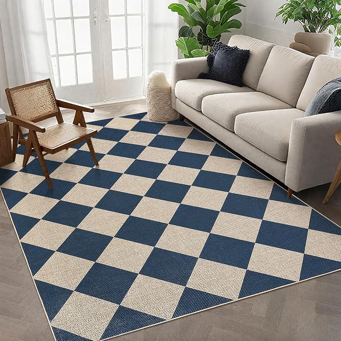 GarveeHome Checkered Easy Jute 3x5 Entryway Rug Machine Washable Outdoor Patio Rug Non-Slip Backing Checkerboard Indoor Outdoor Carpet for Hallway Bathroom Kitchen Bedroom Navy Blue