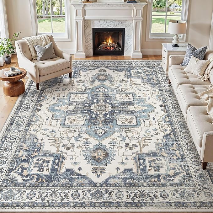Vintage Washable 9x12 Area Rug for Living Room, Vintage Blue | Soft Low Pile Rug with Non-Slip Backing, Stain Resistant for Bedroom or Dining Room, Kid & Pet Friendly