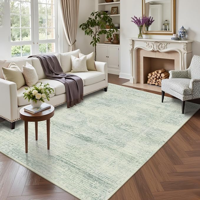 Latte&Fog 5x7 Area Rugs for Living Room, Washable Green Rugs for Bedroom | Non Slip Low Pile Soft Floral Viintage Carpet for Dining Kitchen Kids Playroom Nursery Classroom Dorm Farmhouse Office