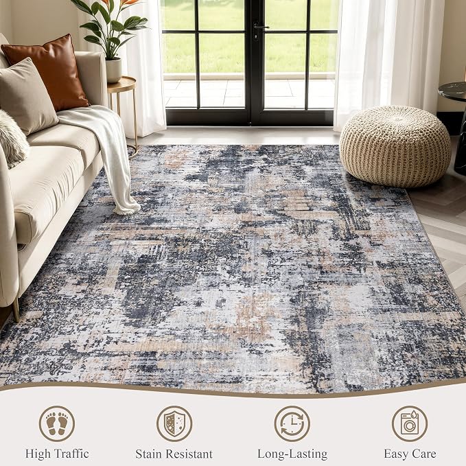Sasttie 6x9 Washable Area Rug, Modern Abstract Carpet, Black & Cream | Ultra-Soft Faux Wool, Low Pile, Non-Slip, Lightweight, Thin, for Living Room, Bedroom, Dinning Room & Dorm