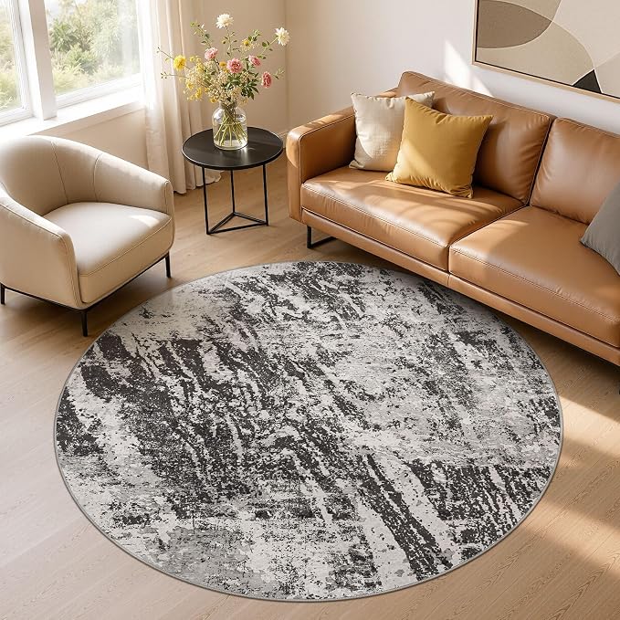 DMOYEST 6ft Round Area Rug for Living Room Washable Non Slip Circle Rug | 6x6 Neutral Modern Abstract Low Pile Rugs Kid & Pet Friendly Soft Carpet for Bedroom and Dining Room - Light Black