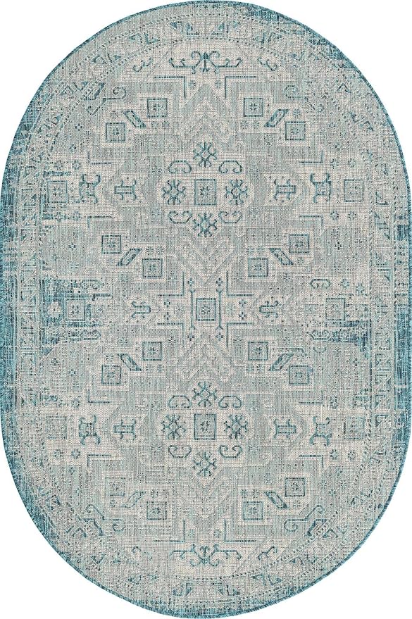 Unique Loom Outdoor Aztec Collection Area Rug - Coba (5' 3" x 8' Oval, Teal/ Ivory)