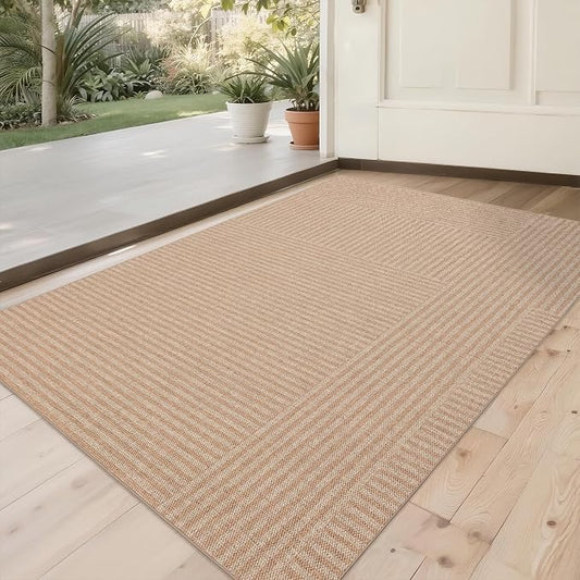 Outdoor Easy Jute Rug 2x3: Modern Natural Area Rugs for Front Patio Hallway Linen-Look Fabric Durable - Neutral Washable Mat for Entryway Kitchen Bedroom - Beige Stripes