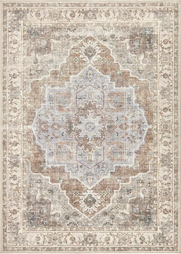 5x7 Washable Area Rug: Vintage Neutral Soft Non Slip Thin Large Floor Carpet for Living Room Bedroom Kitchen Dining Room Home Office Farmhouse Indoor - Grey Brown