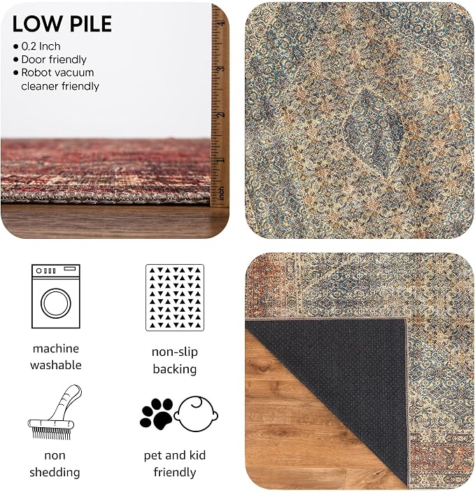 Keen Home Design Vintage Washable Runner Rug, Non-Slip Low Pile, 2x12 | Machine Washable Cotton Chenille, 0.25In Low Pile, Rubber Non-Slip Back; Hallway, Kitchen, Dining Room, Entryway