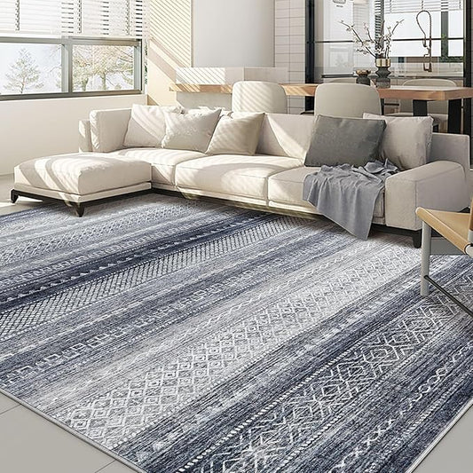 Nakagishi Boho 10x12 Area Rug Living Room Rugs Machine Washable Blue | Soft, Pet & Kid Friendly, Carpet for Living Room/Bedroom/Office/Kitchen/Nursery, Daily Home Decor Stain Resistant Moroccan
