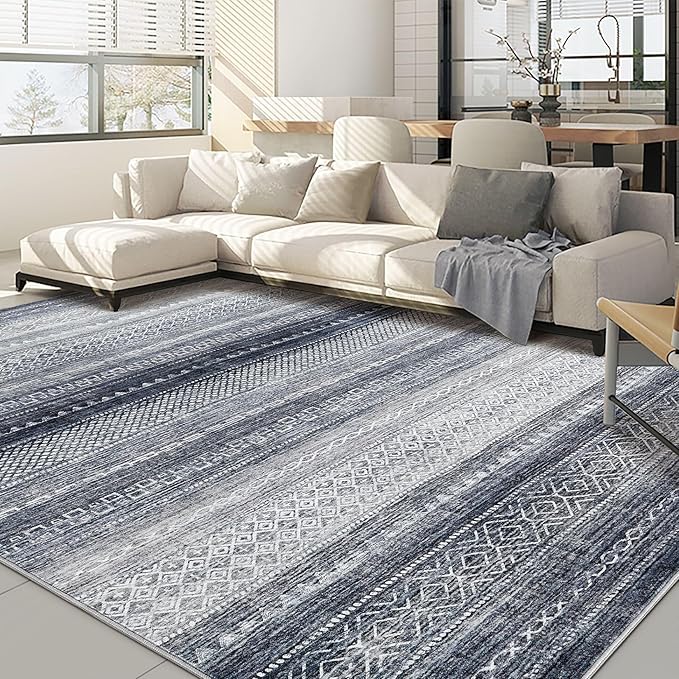 Nakagishi Boho 9x12 Area Rug Living Room Rugs Machine Washable Blue | Soft, Pet & Kid Friendly, Carpet for Living Room/Bedroom/Office/Kitchen/Nursery, Daily Home Decor Stain Resistant Moroccan