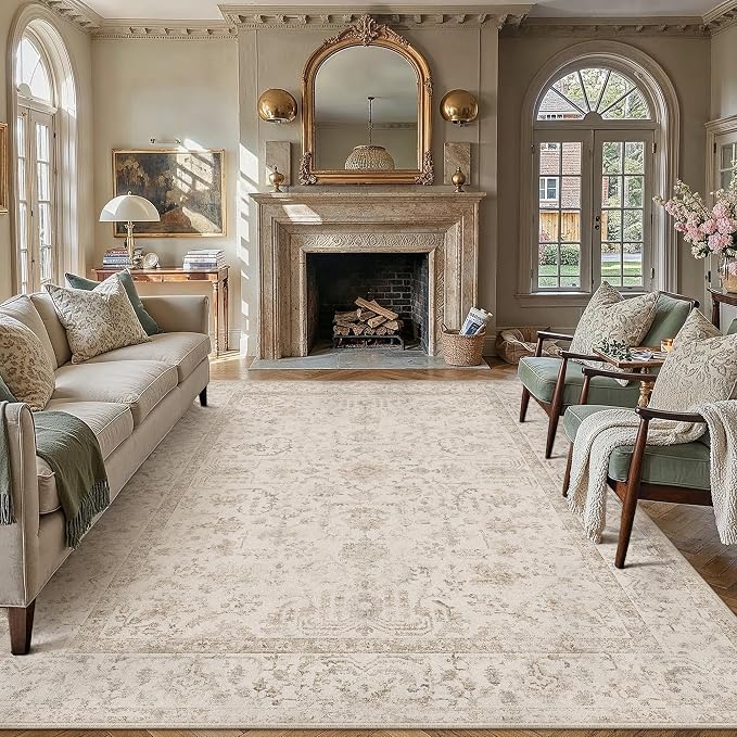 8x10 Beige Neutral Living Room Area Rug | Washable, Low Pile, Accent, Vintage, Soft, Non Slip, Carpet for Bedroom Dining Room Nursery Office Indoor Home Decor