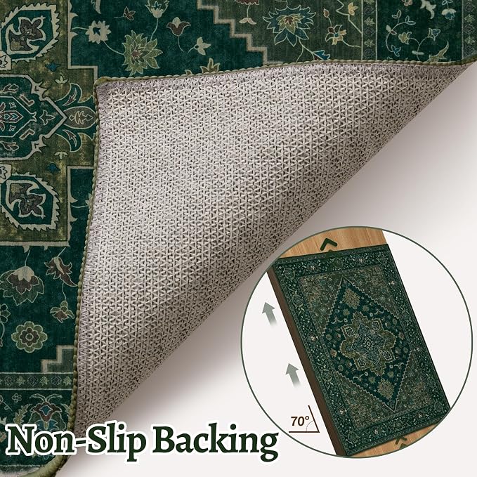 Tangsoo Dark Green 2x3 Small Rugs for Entryway, Washable Vintage Non Slip Oriental Rug, Indoor Front Door Rug, Print Door Mat Small Carpet, Soft Low Pile Rugs for Entrance Kitchen Bedroom Home Decor