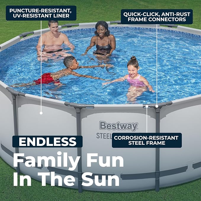 Bestway Steel Pro MAX 13' x 48" Above Ground Swimming Pool Set with Pump | Durable Round Metal Frame Outdoor Backyard Pool, Puncture-Resistant Liner - Ladder and Cover Included, Gray