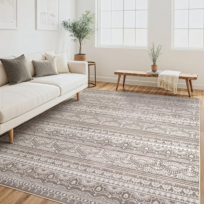 Tortania Area Rug Living Room Rugs - 5x7 Washable Large Soft Neutral Boho Moroccan Bohemian Farmhouse Rug Indoor Floor Carpet for Bedroom Under Dining Table Home Office Decor - Dark Brown