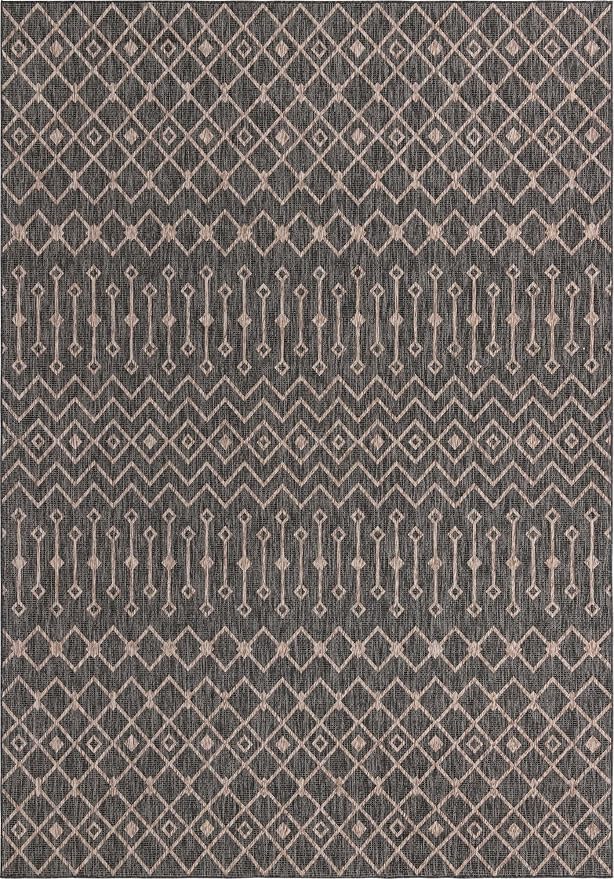 Unique Loom Outdoor Trellis Collection Area Rug - Tribal Trellis (10' x 14' 1" Rectangle, Charcoal Gray/ Natural)