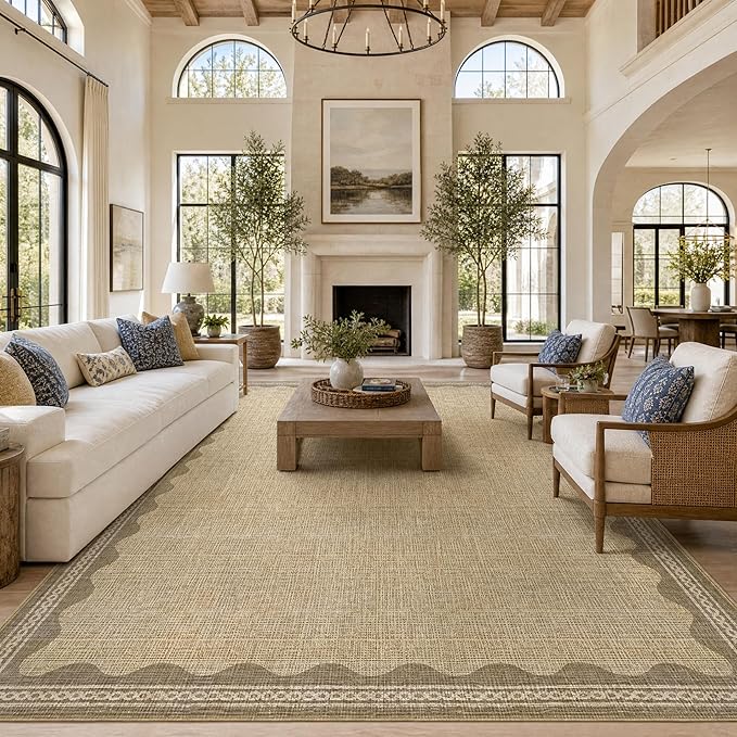 GarveeHome Scalloped Tan Washable Rugs 10x13 Rug for Living Room Non-Slip Solid Jute Modern Minimalism 10 x 13 Rug Low-Pile Carpet for Bedroom Dining Nursery Mat with Rubber Back