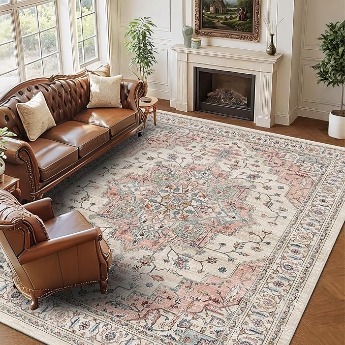 8x10 Area Rug for Living Room Large Washable Vintage Area Rug | Non-Slip, Retro Print, Low Pile, Stain Resistant Carpet, Ultral Soft, Beige Pink Indoor Rug, for Bedroom Dining Room Nursery