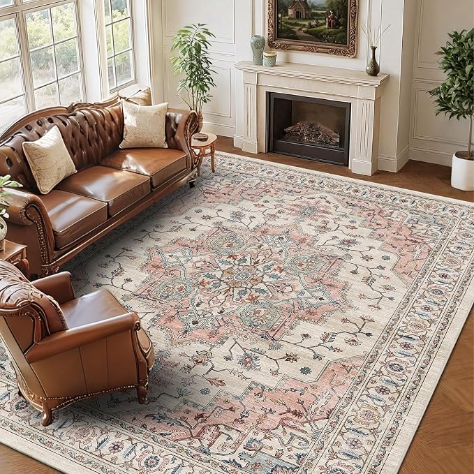 9x12 Area Rug for Living Room Large Washable Vintage Area Rug | Non-Slip Retro Print Low Pile Stain Resistant Carpet Beige Pink Distressed Indoor Rug for Bedroom Dining Room Nursery Office