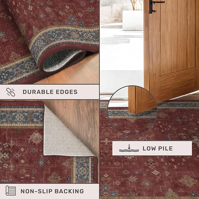 Boho 2x5 Small Kitchen Runners Rugs Non Slip - Washable Soft Area Rugs for Bedroom, Floral Non Skid Runner Carpet for Bathroom, Laundry Room, Hallway, Entryway (Dark Red)