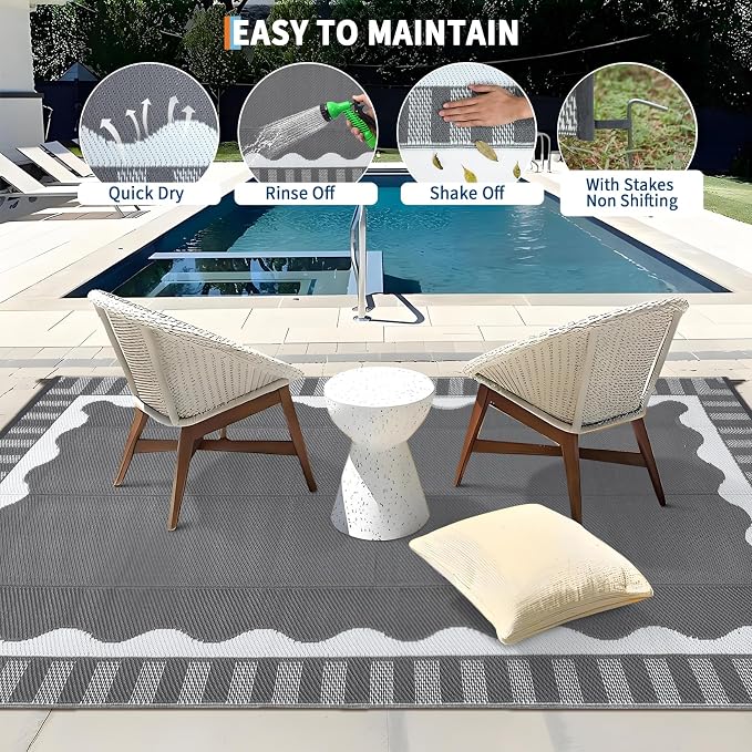 Garvee Large Scalloped Outdoor Rug 9x12 Patio Rugs Outdoor Waterproof, Reversible Plastic Straw Camping Rug, Modern Bordered Outside Mats for Picnic Backyard Deck Balcony Beach Trailer, Grey